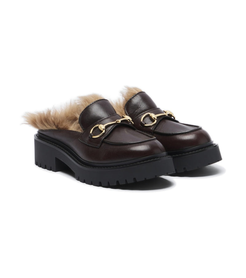 Gucci Rhody Shearling-Lined Leather Platform Mules – Burgundy