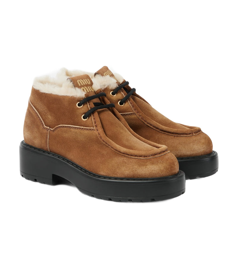 Miu Miu Chunky Shearling-Trimmed Leather Flats – Brown