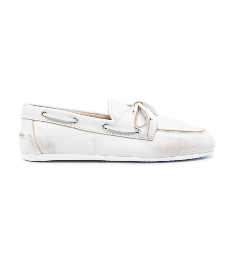 Miu Miu Distressed Leather Boat Shoes – White