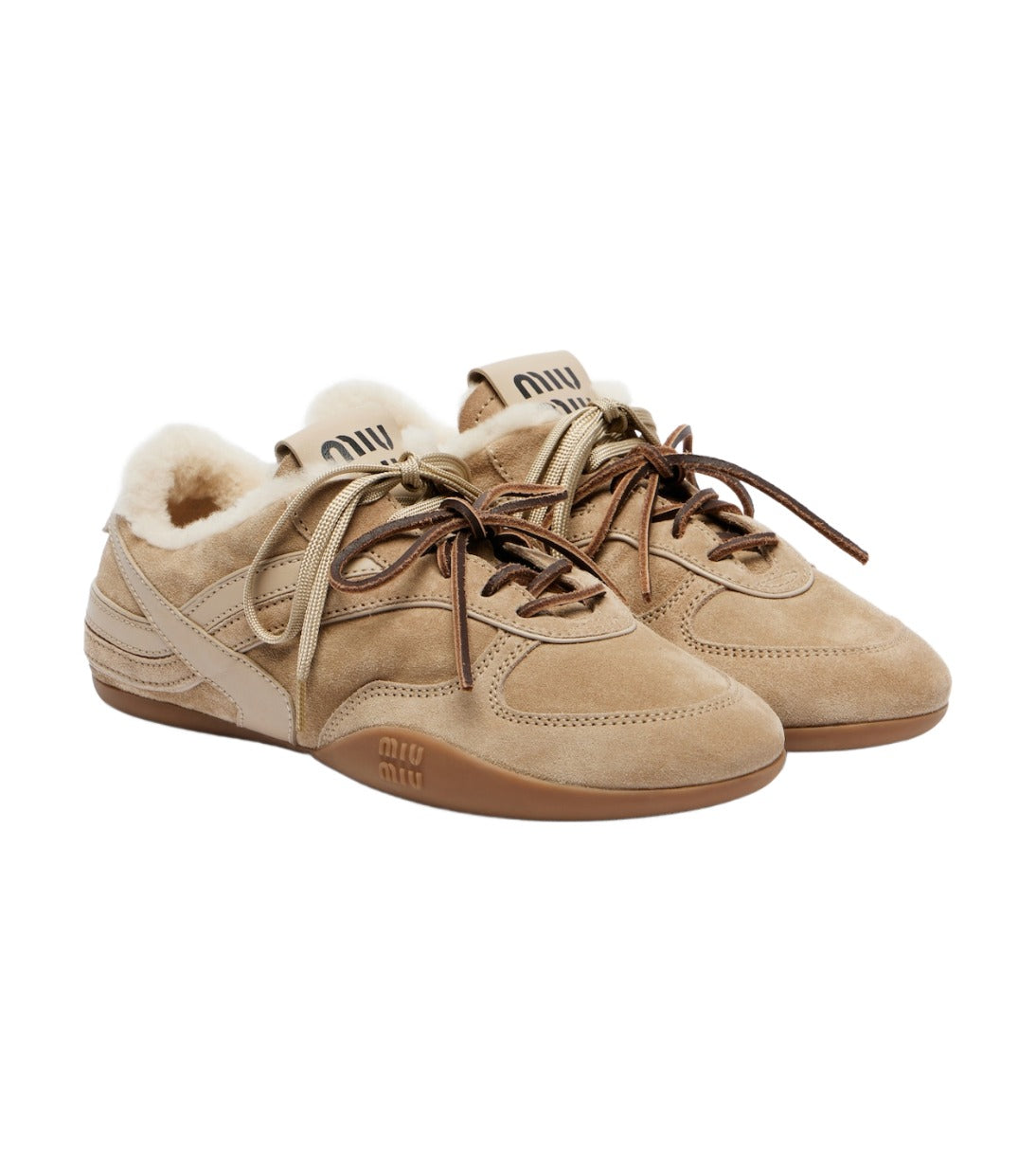Miu Miu Gymnasium Suede and Shearling Sneakers – Beige