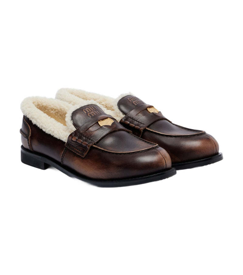 Miu Miu Shearling-Lined Leather Penny Loafers – Brown