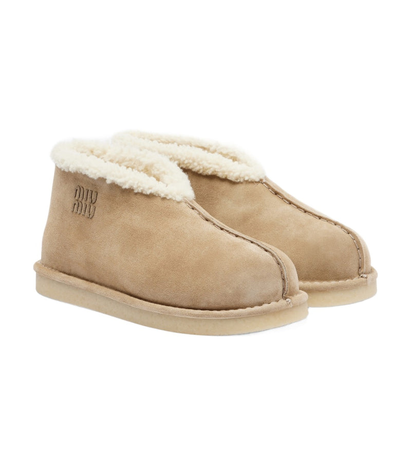 Miu Miu Shearling-Lined Suede Ankle Boots – Beige