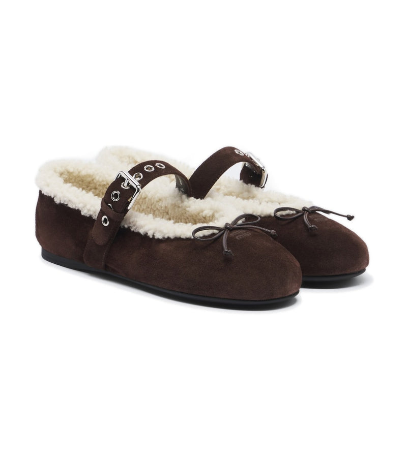Miu Miu Shearling-Lined Suede Ballet Flats – Brown