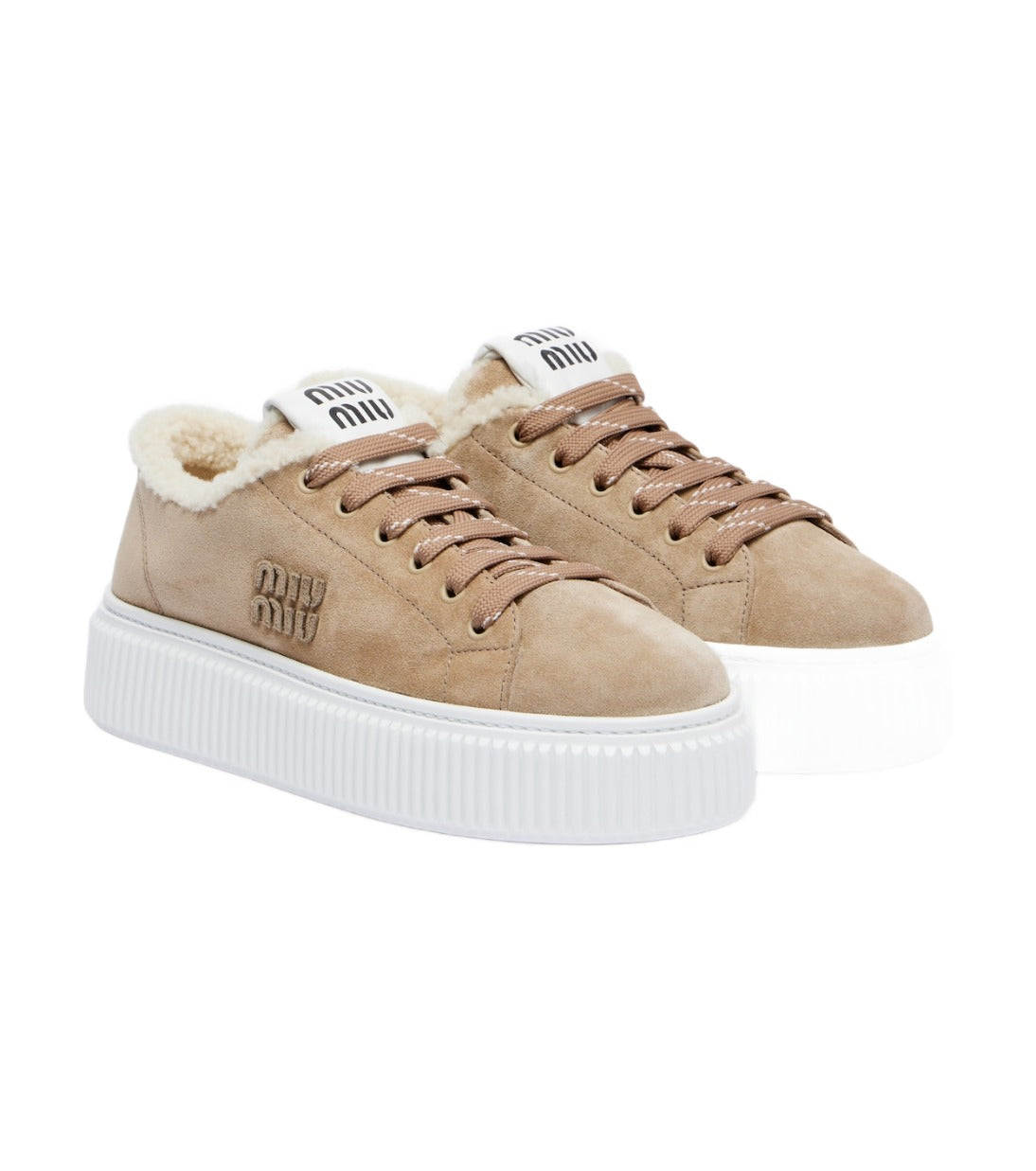 Miu Miu Shearling-Lined Suede Platform Sneakers – Brown