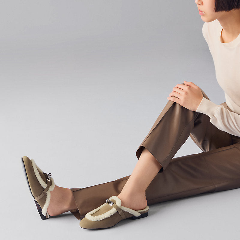 Hermès Oz Shearling Mule – Étoupe / Écru