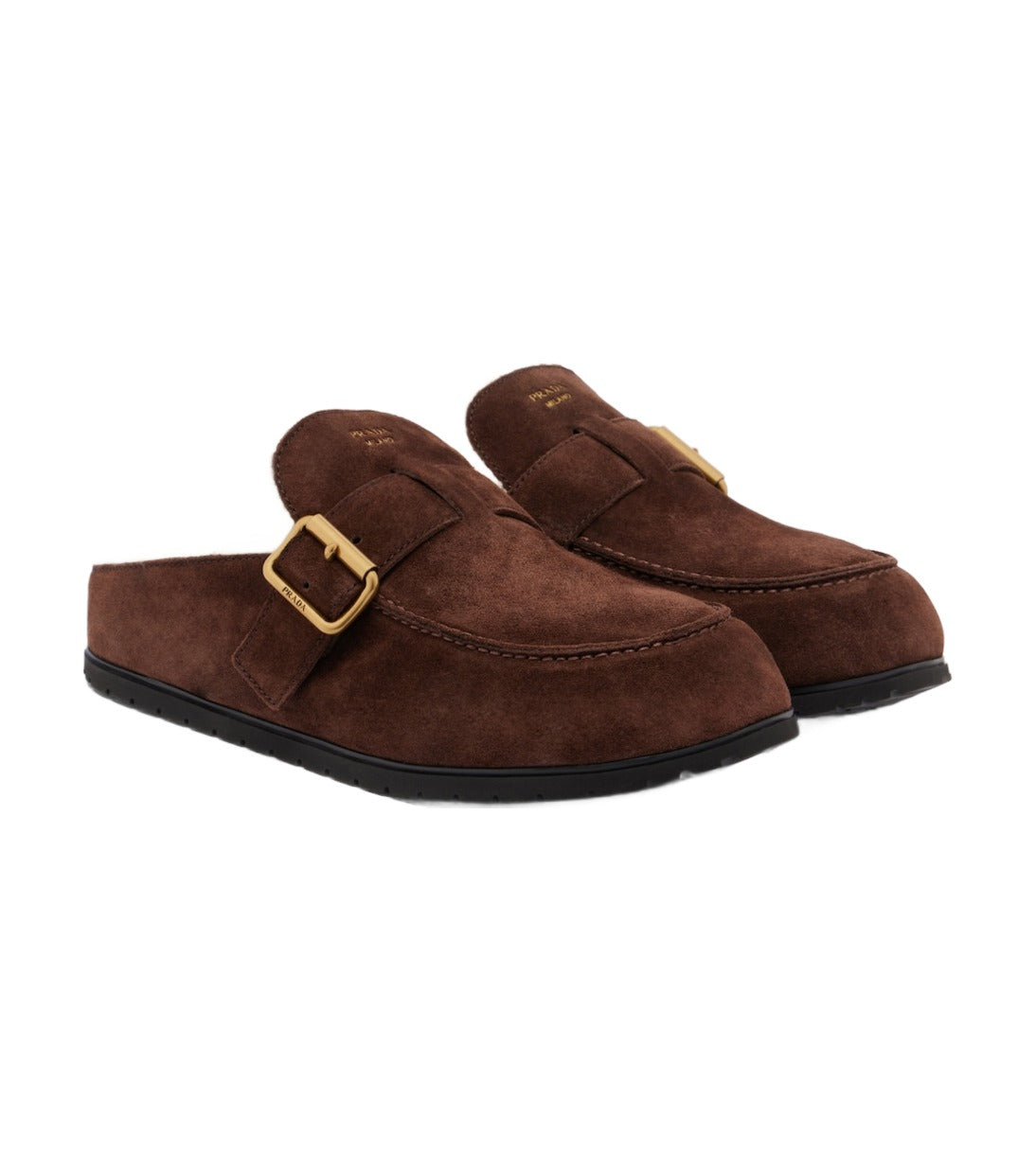 Prada Shearling-Lined Suede Buckle Mules – Dark Brown