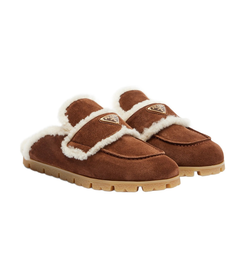 Prada Shearling-Lined Suede Mules – Brown